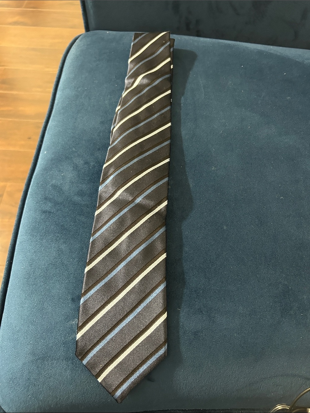 Prada Black Silk Tie with Blue and Gray Stripes